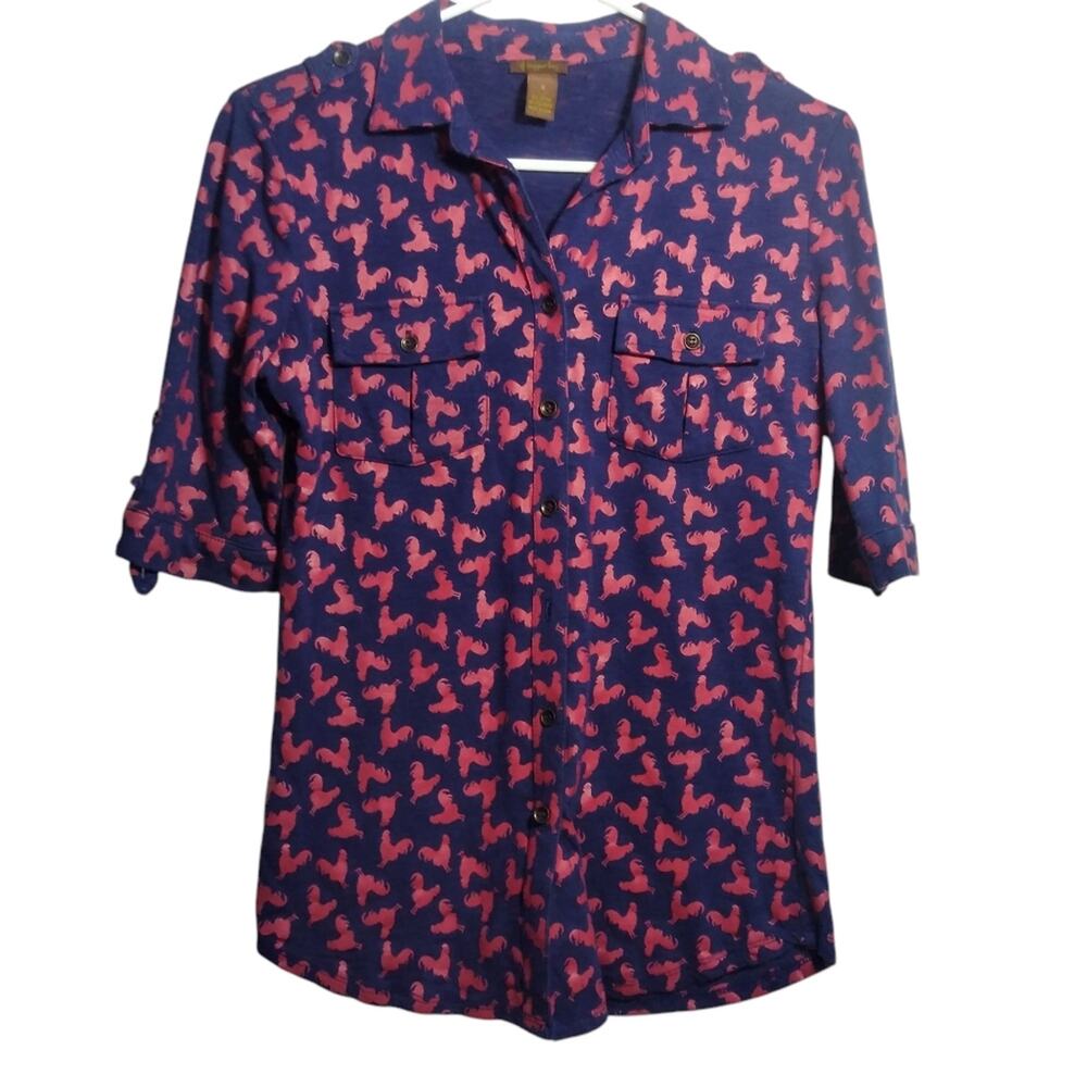 Copper Key Navy Blue Red Rooster Novelty Knit Button Blouse  3/4 Sleeve Size S